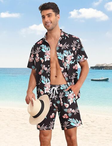 Nonwe الرجال قميص هاواي صيفي وبطانة ضغط مجموعة قصيرة عادية 2 قطعة زر أسفل قصيرة الأكمام عطلة الشاطئ وتتسابق in Kuwait