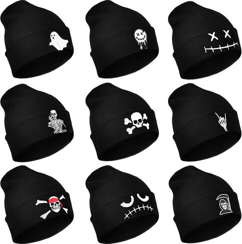 Silicherry 9 Skull Goth Knit Beanie Hats Winter Beanie Hats for Men Women Xmas Gift Winter Knit Cuffed Embroidery Skull Cap Black in Saudi Arabia