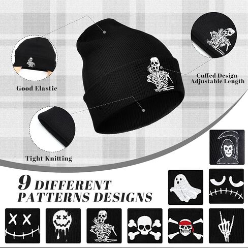 Silicherry 9 Skull Goth Knit Beanie Hats Winter Beanie Hats for Men Women Xmas Gift Winter Knit Cuffed Embroidery Skull Cap Black in Saudi Arabia