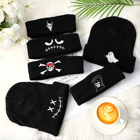 Silicherry 9 Skull Goth Knit Beanie Hats Winter Beanie Hats for Men Women Xmas Gift Winter Knit Cuffed Embroidery Skull Cap Black in Saudi Arabia