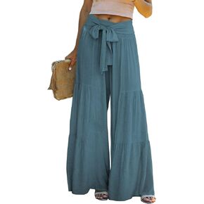 Lafural Women Summer High Waisted Cotton Linen Flare Palazzo Pants Beach Pant Long Bell Bottom Lounge Trousers