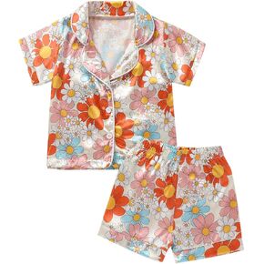 Qiylii 1-6Y Toddler Girls Floral Silk Pajamas Short Sleeve Button-Up Top Shorts Summer 2PC Flowers Satin Pajamas Set in Kuwait