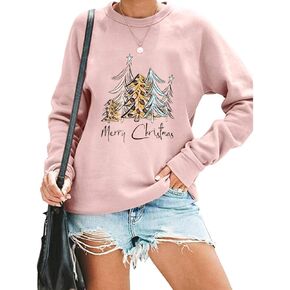 Women Christmas Sweatshirt Leopard Xmas Tree Print Blouse Funny Letter Graphic Top Long Sleeve Shirt Pullover Tee