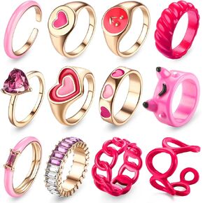 Sanfenly 12Pcs Y2K Chunky Rings Colorful Rings for Women Teen Girls Acrylic Resin Rings Aesthetic Gold Cute Trendy Funky Statement Stackable Finger Knuckle Rings Aesthetic Y2k Jewelry