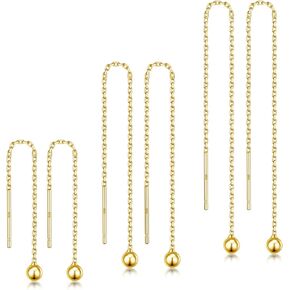 LINGBG JEWELRY 3 Pairs Threader Earrings 925 Sterling Silver Long Chain Earrings Bar/Ball Wrap Threader Drop Earrings for Women Lightweight Minimalist Mother's Day Jewelry Gifts Set