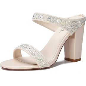 FTNAMORI Women's Sparkly Rhinestone Chunky High Heels Mules Two Strap Heeled Sandals Slip On Sexy Dress Prom Wedding Shoes Pumps