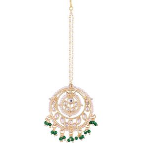 I Jewels Gold Plated Kundan with Pearls Bollywood Indian Style Bridal Wedding Maang Tikka Jewelry for Women (T1084)