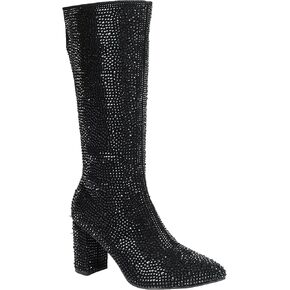 ABSOLEX Women Pointed Toe Rhinestone Block Medium Heel Knee High Boots