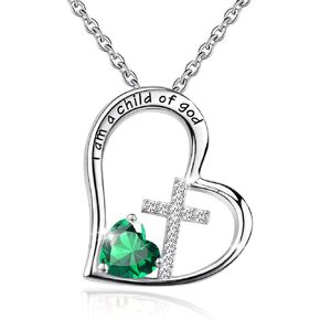 Bengnkes BG 925 Sterling Silver I Am a Child of God Cross Pendant Necklaces for Women, Heart Necklace with Birthstone Communion Goddaughter Christian Baptism Jewelry Gifts for Girls in Saudi Arabia