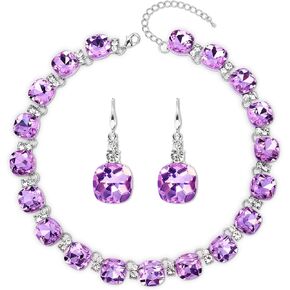 XILAZAB Clear Purple Crystal Wedding Bridal Jewelry Set for Brides Bridesmaid, Gemstone Statement Necklace and Earring Set Formal Prom Jewelry Set for Silver-Tone Fit With Wedding Evening Dress in Saudi Arabia