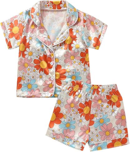 Qiylii 1-6Y Toddler Girls Floral Silk Pajamas Short Sleeve Button-Up Top Shorts Summer 2PC Flowers Satin Pajamas Set in Kuwait