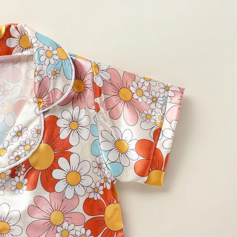 Qiylii 1-6Y Toddler Girls Floral Silk Pajamas Short Sleeve Button-Up Top Shorts Summer 2PC Flowers Satin Pajamas Set in Kuwait