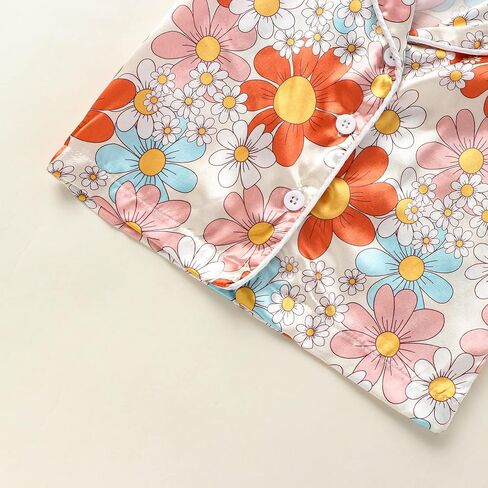 Qiylii 1-6Y Toddler Girls Floral Silk Pajamas Short Sleeve Button-Up Top Shorts Summer 2PC Flowers Satin Pajamas Set in Kuwait