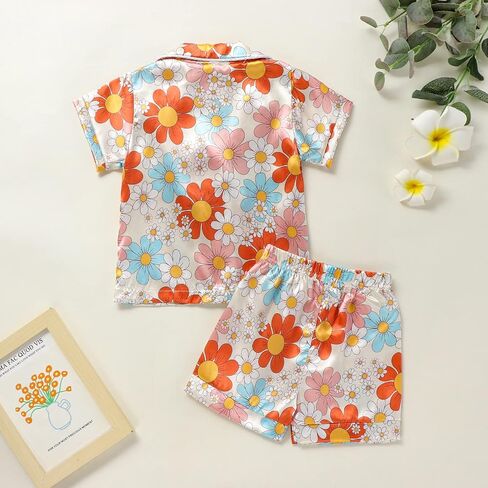 Qiylii 1-6Y Toddler Girls Floral Silk Pajamas Short Sleeve Button-Up Top Shorts Summer 2PC Flowers Satin Pajamas Set in Kuwait