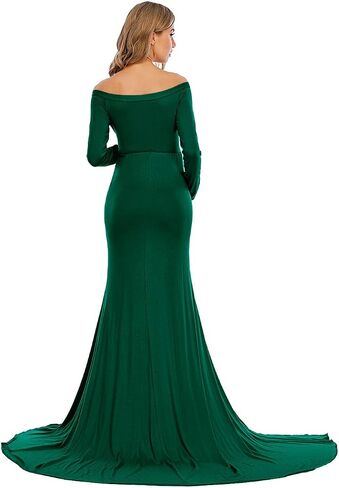 ZIUMUDY Elegant Fitted Maternity Gown Side Split Off Shoulder Long Sleeve Maxi Photography Dress Baby Shower in Kuwait