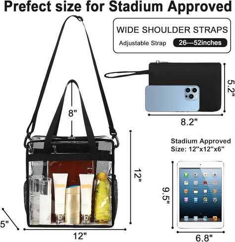 حقيبة شفافة معتمدة من الاستاد مقاس 12 × 6 × 12 حقيبة حمل شفافة محفظة كروس شفافة من خلال حقائب اليد للعمل والسفر والشاطئ in Kuwait
