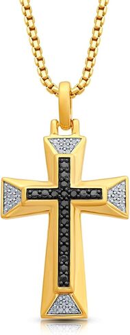 Jewelili الذهب الأصفر على الفضة الاسترليني والفضة الاسترليني 1/5 Cttw المعالجة باللون الأسود والأبيض الطبيعي جولة الماس قلادة الرجال الصليب قلادة، 22 "سلسلة مربع in Saudi Arabia
