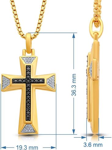 Jewelili الذهب الأصفر على الفضة الاسترليني والفضة الاسترليني 1/5 Cttw المعالجة باللون الأسود والأبيض الطبيعي جولة الماس قلادة الرجال الصليب قلادة، 22 "سلسلة مربع in Saudi Arabia