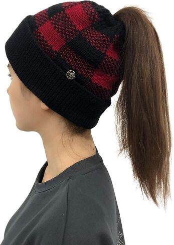Womens Ponytail Beanie Hat with Button for Mask,Criss Cross Winter High Messy Bun Beanie Hat with Ponytail Hole… in Kuwait