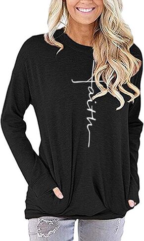 ZILIN Women's Casual Letter Print Crewneck T-Shirt Long Sleeve Tunic Tops Sweatshirt with Pockets in Kuwait