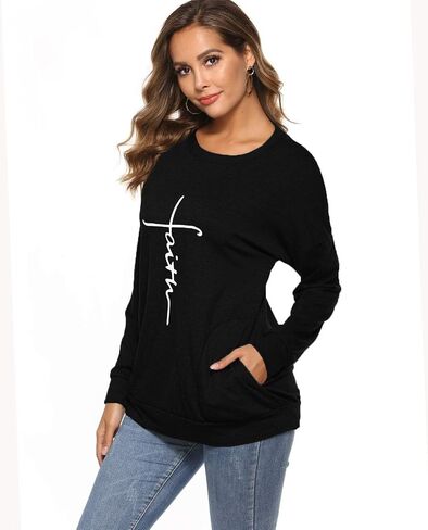 ZILIN Women's Casual Letter Print Crewneck T-Shirt Long Sleeve Tunic Tops Sweatshirt with Pockets in Kuwait
