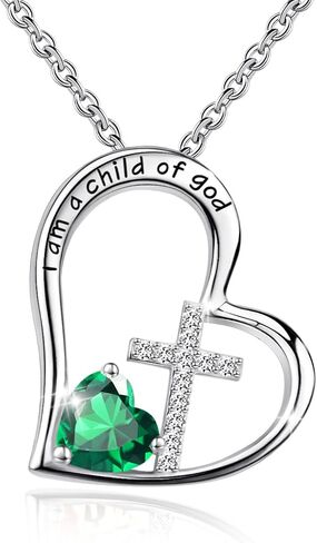 Bengnkes BG 925 Sterling Silver I Am a Child of God Cross Pendant Necklaces for Women, Heart Necklace with Birthstone Communion Goddaughter Christian Baptism Jewelry Gifts for Girls in Saudi Arabia