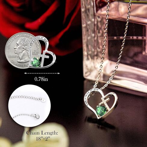 Bengnkes BG 925 Sterling Silver I Am a Child of God Cross Pendant Necklaces for Women, Heart Necklace with Birthstone Communion Goddaughter Christian Baptism Jewelry Gifts for Girls in Saudi Arabia