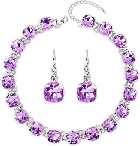 XILAZAB Clear Purple Crystal Wedding Bridal Jewelry Set for Brides Bridesmaid, Gemstone Statement Necklace and Earring Set Formal Prom Jewelry Set for Silver-Tone Fit With Wedding Evening Dress in Saudi Arabia