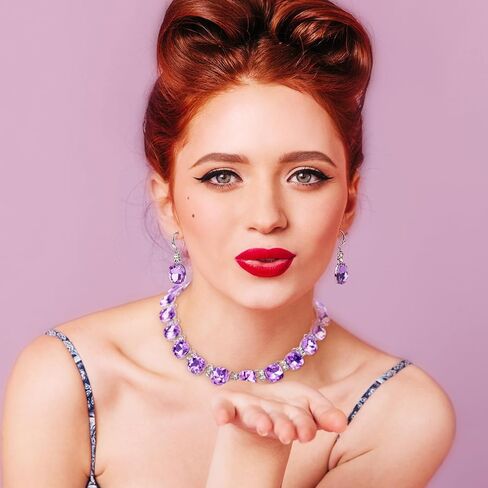 XILAZAB Clear Purple Crystal Wedding Bridal Jewelry Set for Brides Bridesmaid, Gemstone Statement Necklace and Earring Set Formal Prom Jewelry Set for Silver-Tone Fit With Wedding Evening Dress in Saudi Arabia