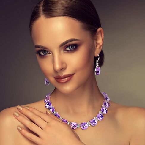 XILAZAB Clear Purple Crystal Wedding Bridal Jewelry Set for Brides Bridesmaid, Gemstone Statement Necklace and Earring Set Formal Prom Jewelry Set for Silver-Tone Fit With Wedding Evening Dress in Saudi Arabia