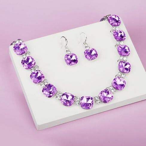 XILAZAB Clear Purple Crystal Wedding Bridal Jewelry Set for Brides Bridesmaid, Gemstone Statement Necklace and Earring Set Formal Prom Jewelry Set for Silver-Tone Fit With Wedding Evening Dress in Saudi Arabia