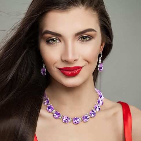 XILAZAB Clear Purple Crystal Wedding Bridal Jewelry Set for Brides Bridesmaid, Gemstone Statement Necklace and Earring Set Formal Prom Jewelry Set for Silver-Tone Fit With Wedding Evening Dress in Saudi Arabia