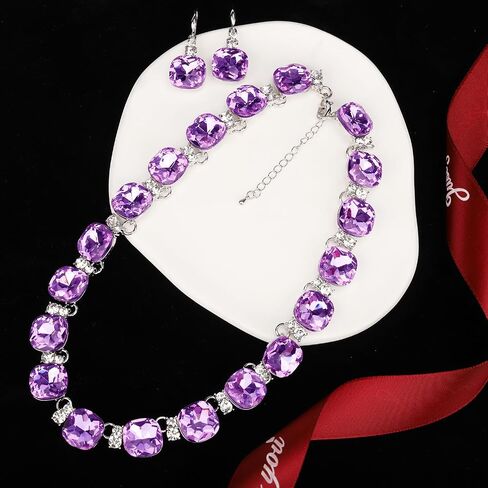 XILAZAB Clear Purple Crystal Wedding Bridal Jewelry Set for Brides Bridesmaid, Gemstone Statement Necklace and Earring Set Formal Prom Jewelry Set for Silver-Tone Fit With Wedding Evening Dress in Saudi Arabia