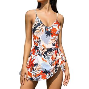 SHEKINI Women's Tummy Control One Piece Swimdress Drawstring Bathing Suits V Neck Swimwear in Kuwait