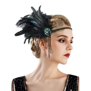 SWEETV 1920s Headpiece Flapper Headband, Rhinestone Pearl Feather Hair Band Great Gatsby Headpiece Accessoreis for Women,Champagne