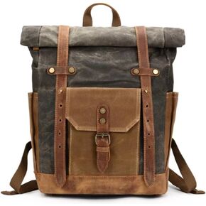 Waxed Canvas Leather Hiking Travel Waterproof Backpack for College Weekend Travel Fit 15in laptops (Classic Army Green)