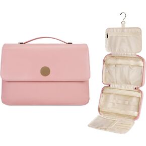 Toiletry Bag for Women, Hanging Travel Makeup Organizer with 4 Compartments, Pu Leather Waterproof Toiletry Cosmetic Bag for Full Sized Toiletries Beige