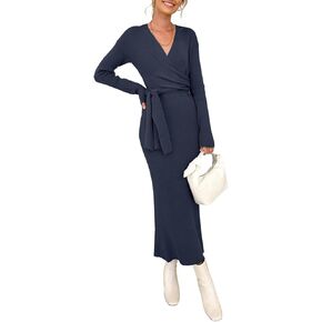 Happy Sailed Womens Knit Dress Fall Long Sleeve Wrap V Neck Tie Waist Ribbed Sweater Dresses