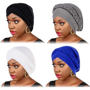 African Women Turban Cap Twisted Beaded Braid Head Wraps Pre-Tied Chemo Headscarf for Cancer Hair Cover Hats
