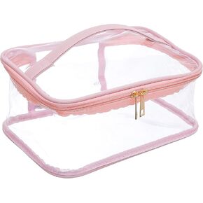 Large Cosmetic Bag for Women / Clear, See-Through Makeup, Hair & Nail Accessories Pouch for Travel or Home / Transparent PVC Plastic Organizer, Spacious Interior, Handle & Double Zippers (Blush)