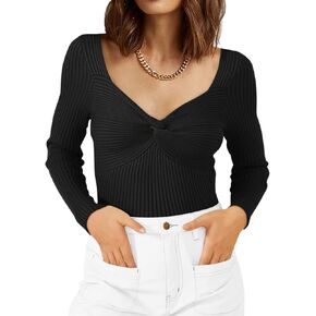 LILLUSORY Women's Sweater Sexy Twist Knot Top Ribbed Knit Long Sleeve Y2k Pullover Sweater Tops
