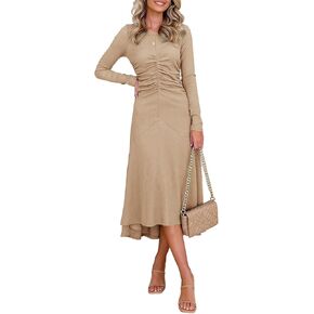 Fisoew Women's Fall Long Sleeve Ruched Midi Dresses Elegant Round Neck A-Line Flowy Dress