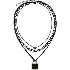 Caiyao Stacked Necklaces for Women Black Lock Chains Heart Grunge Layered Necklace Aesthetic Pendant Multilayer Choker