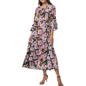 VIISHOW Womens 3/4 Sleeve Casual Bohemian Midi Dress
