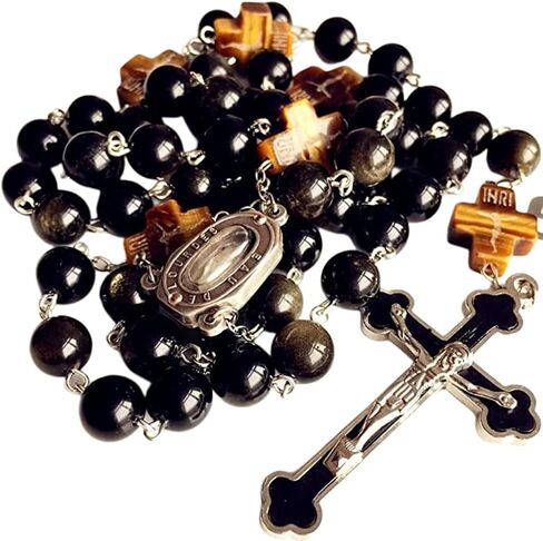 elegantmedical HANDMADE Catholic BLACK 10MM GOLD Obsidian BEADS Lourdes Water medal ROSARY CROSS NECKLACE BOX Mens Womens gift in Saudi Arabia