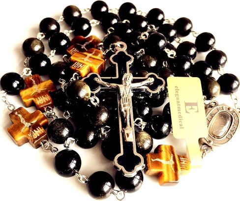 elegantmedical HANDMADE Catholic BLACK 10MM GOLD Obsidian BEADS Lourdes Water medal ROSARY CROSS NECKLACE BOX Mens Womens gift in Saudi Arabia