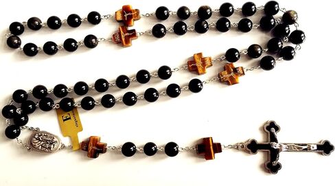 elegantmedical HANDMADE Catholic BLACK 10MM GOLD Obsidian BEADS Lourdes Water medal ROSARY CROSS NECKLACE BOX Mens Womens gift in Saudi Arabia