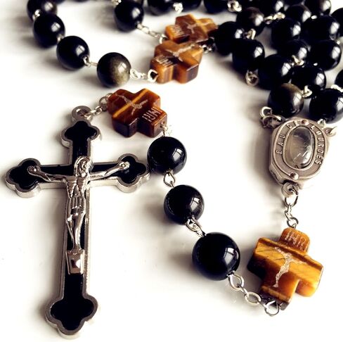 elegantmedical HANDMADE Catholic BLACK 10MM GOLD Obsidian BEADS Lourdes Water medal ROSARY CROSS NECKLACE BOX Mens Womens gift in Saudi Arabia