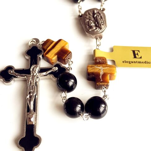 elegantmedical HANDMADE Catholic BLACK 10MM GOLD Obsidian BEADS Lourdes Water medal ROSARY CROSS NECKLACE BOX Mens Womens gift in Saudi Arabia