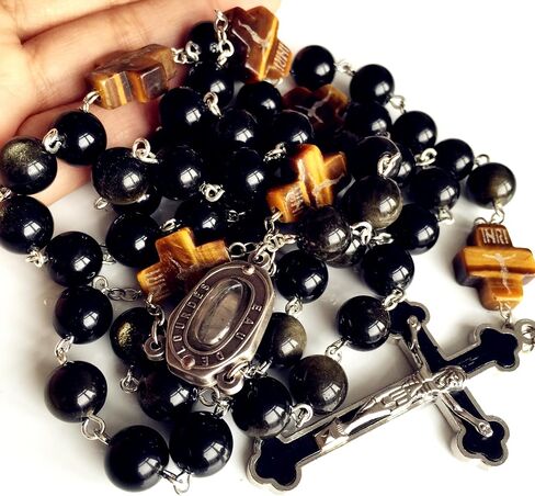 elegantmedical HANDMADE Catholic BLACK 10MM GOLD Obsidian BEADS Lourdes Water medal ROSARY CROSS NECKLACE BOX Mens Womens gift in Saudi Arabia